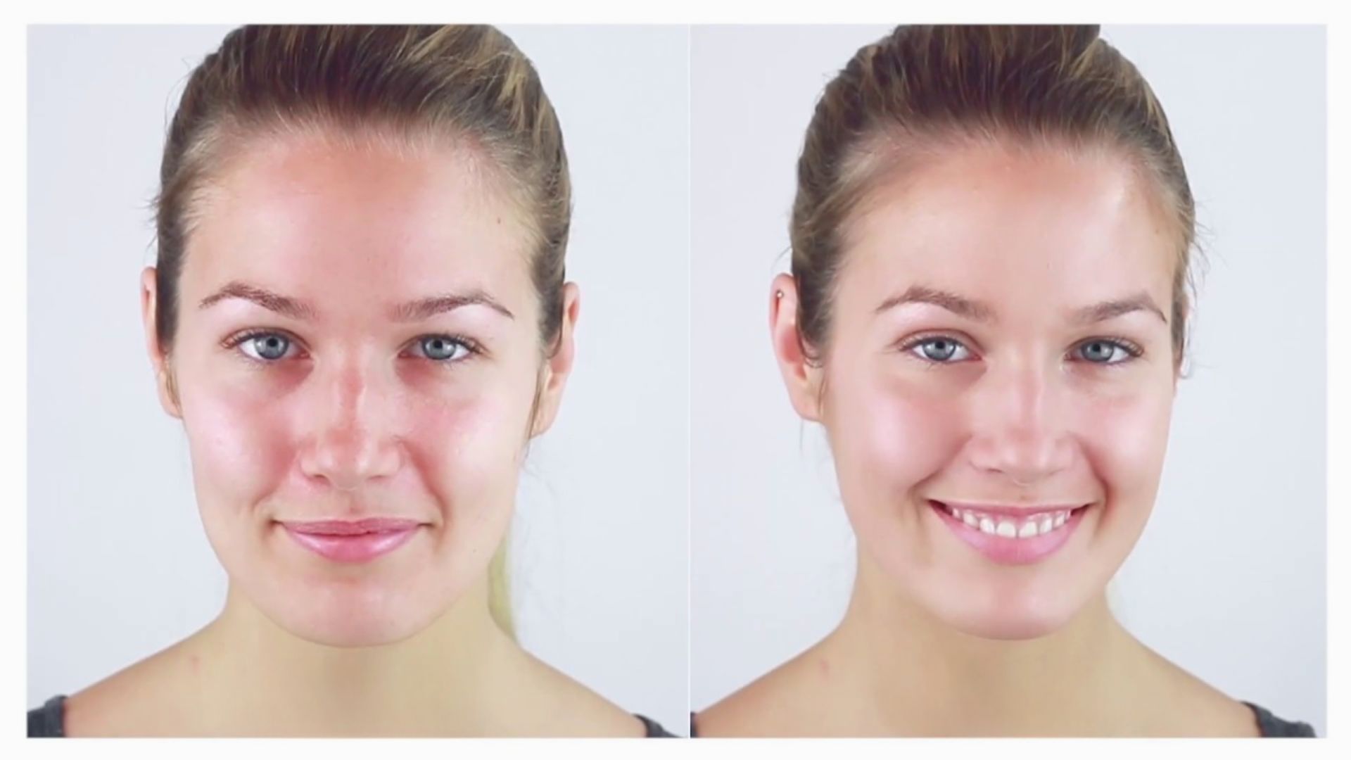Two images of a woman showcasing different skin tones side by side for comparison.