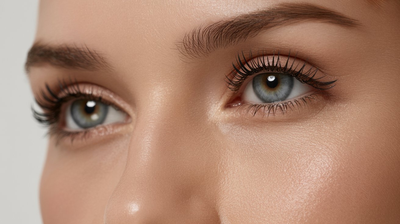 Close-up of a woman's eyes, showcasing their color and expression, with a soft focus on the eyelashes and skin around them.
