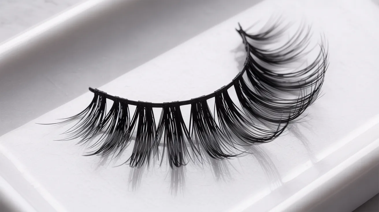 A single false eyelash rests on a white rectangular tray. The long, dark lashes are densely arranged, creating a dramatic and elegant appearance.