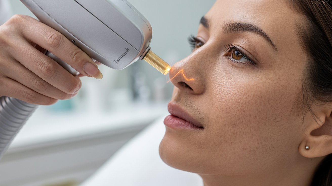 A woman receiving a laser treatment on her nose in a clinical setting, focused on her skincare procedure.