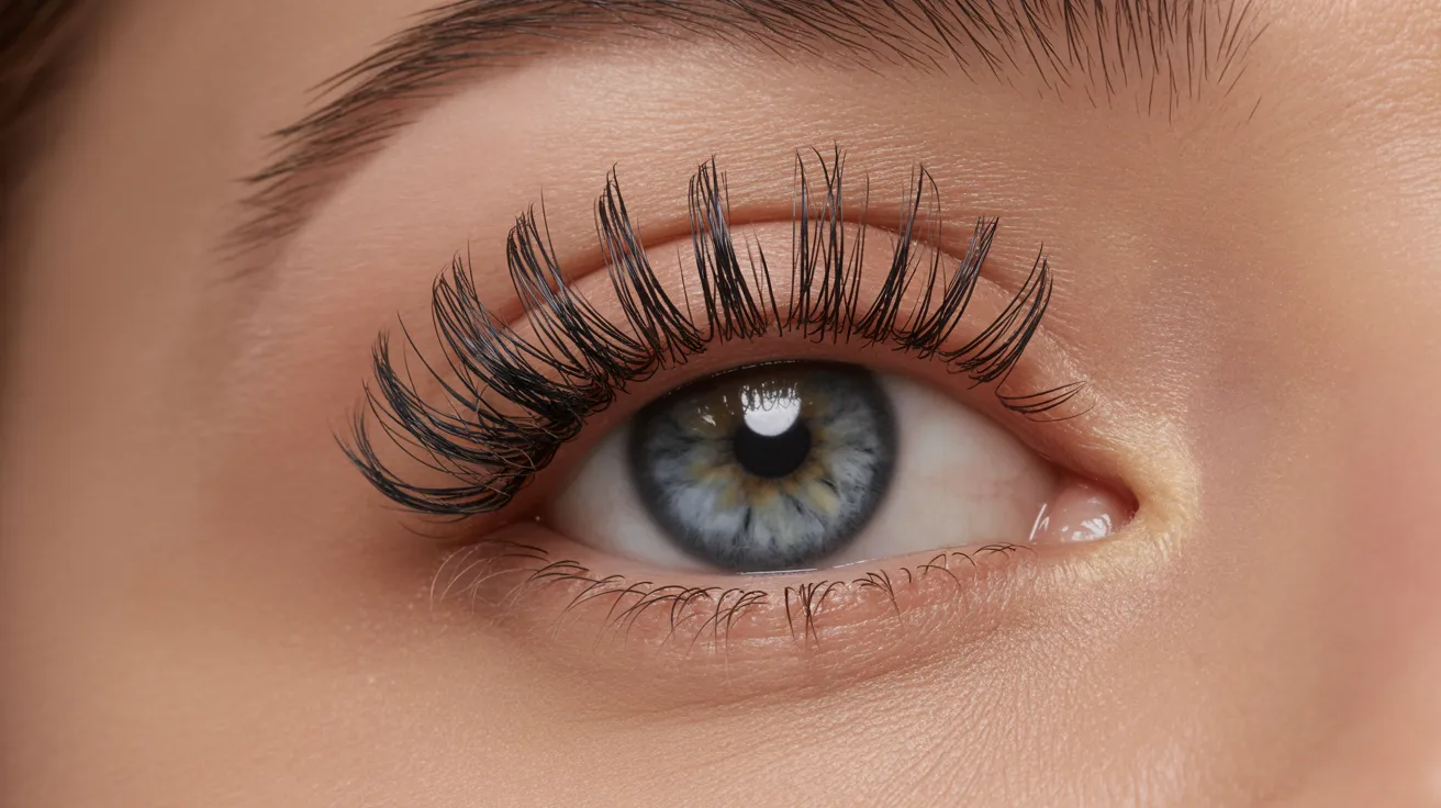 Close-up of a blue eye with long, curled lashes and a natural eyebrow. The focus is on the eye's intricate details, conveying a sense of clarity and vitality.