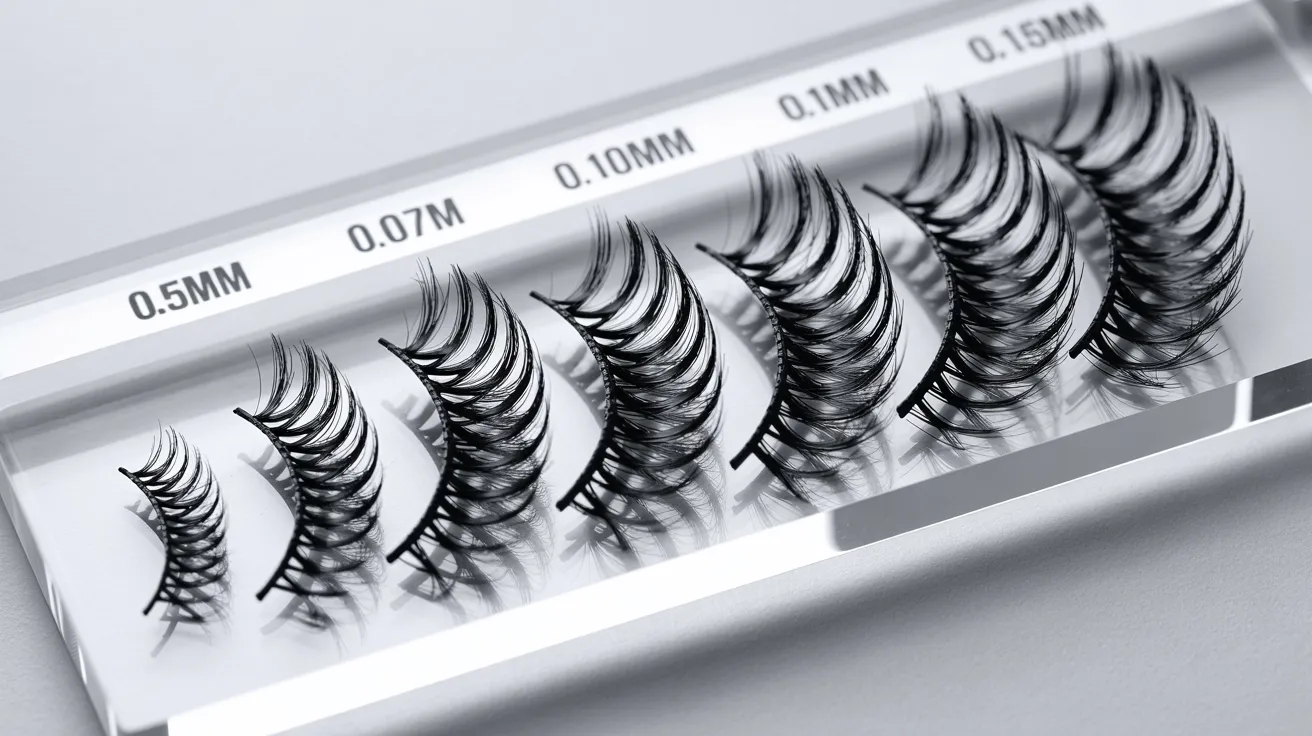 A clear, organized display of false eyelash sets on a tray, arranged by thickness: 0.5mm, 0.07mm, 0.10mm, 0.1mm, and 0.15mm, conveying precision and variety.