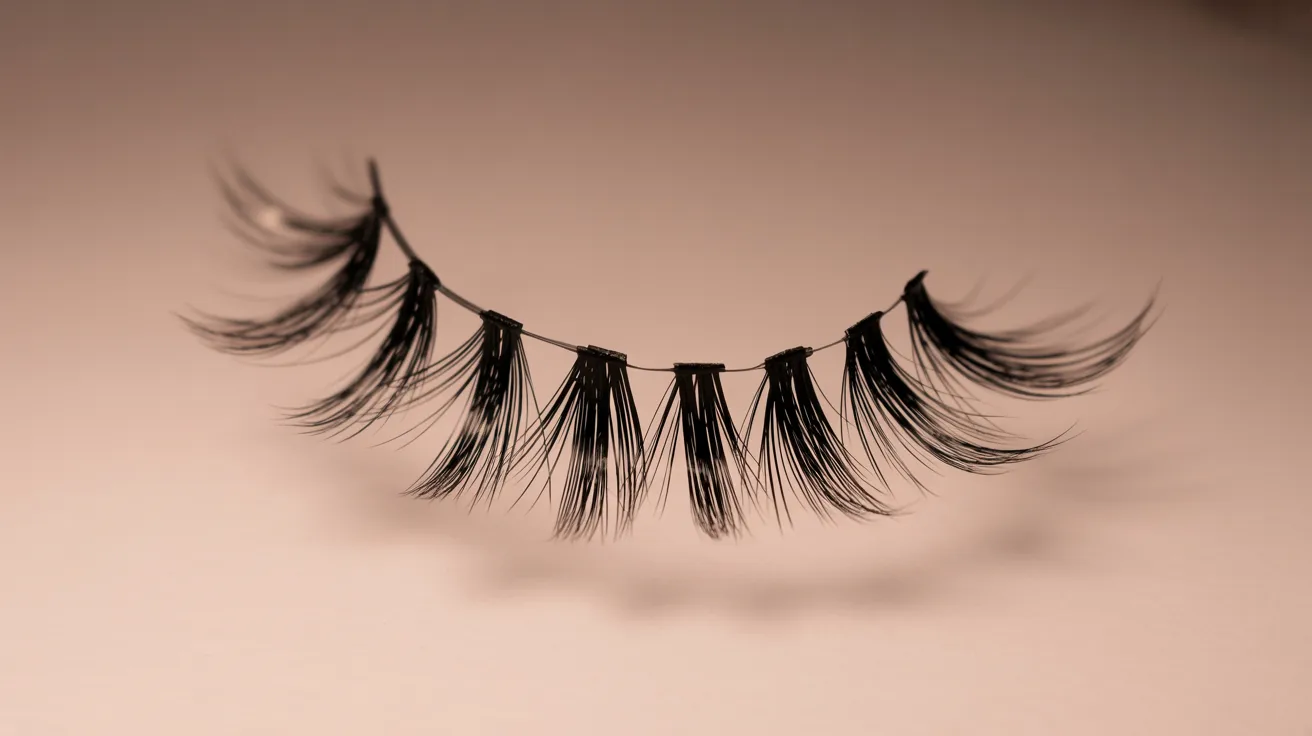A pair of false eyelashes displayed on a clean white surface, showcasing their length and intricate design.