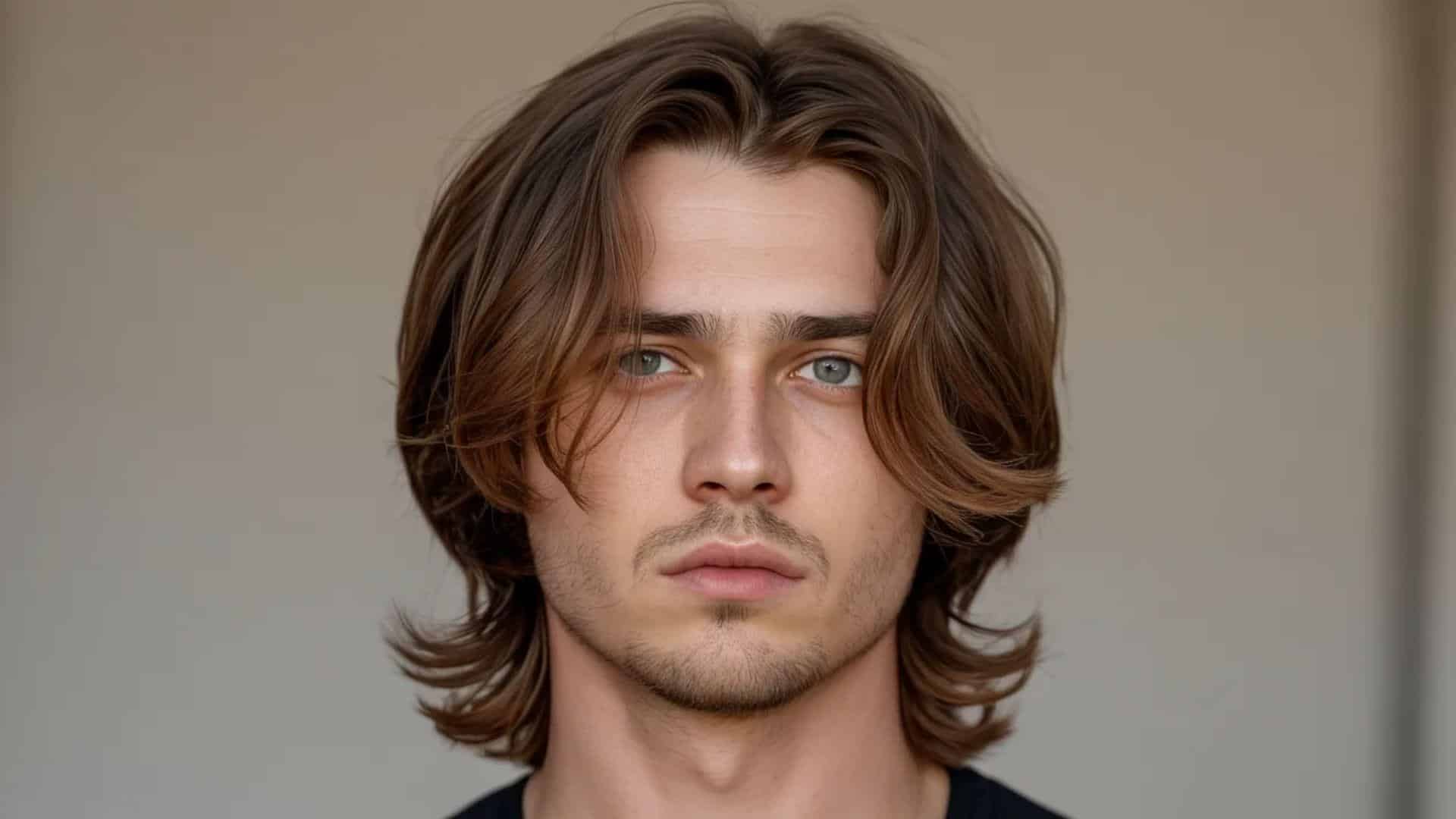 A man with long hair and striking blue eyes gazes thoughtfully into the distance.