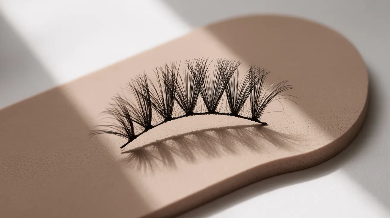 False eyelashes placed on a curved, beige surface with soft lighting. The lashes cast a delicate shadow, creating an elegant and refined mood.
