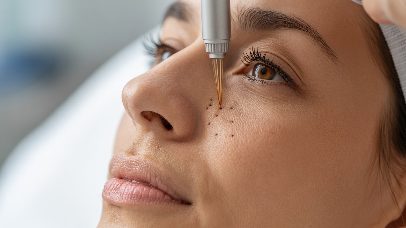 A woman receiving a facial treatment using a specialized device in a serene spa environment.