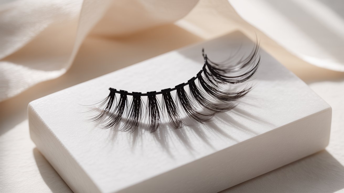 A pair of false eyelashes displayed on a white box, showcasing their elegant design and packaging.