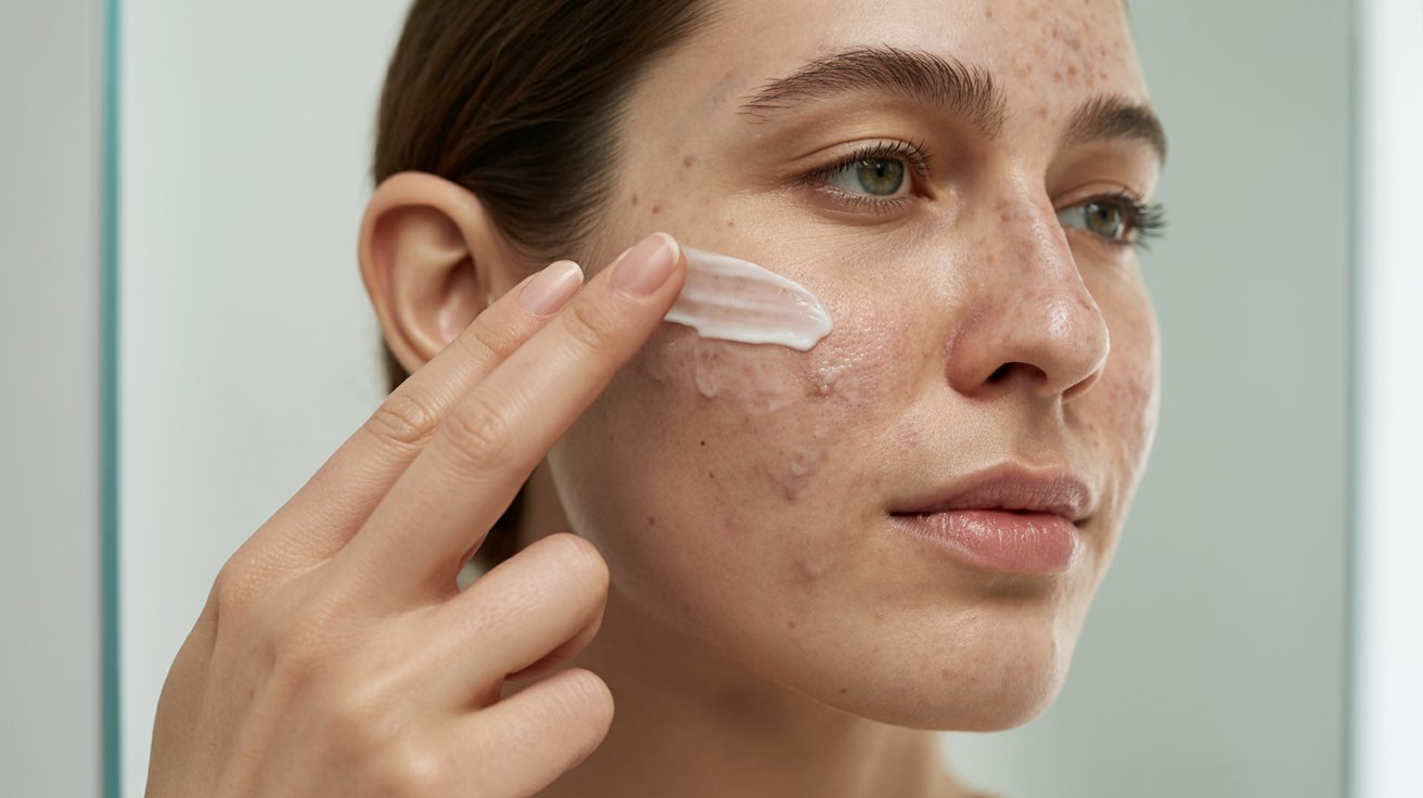 A woman gently applies cream to her face, focusing on skincare and self-care routines.