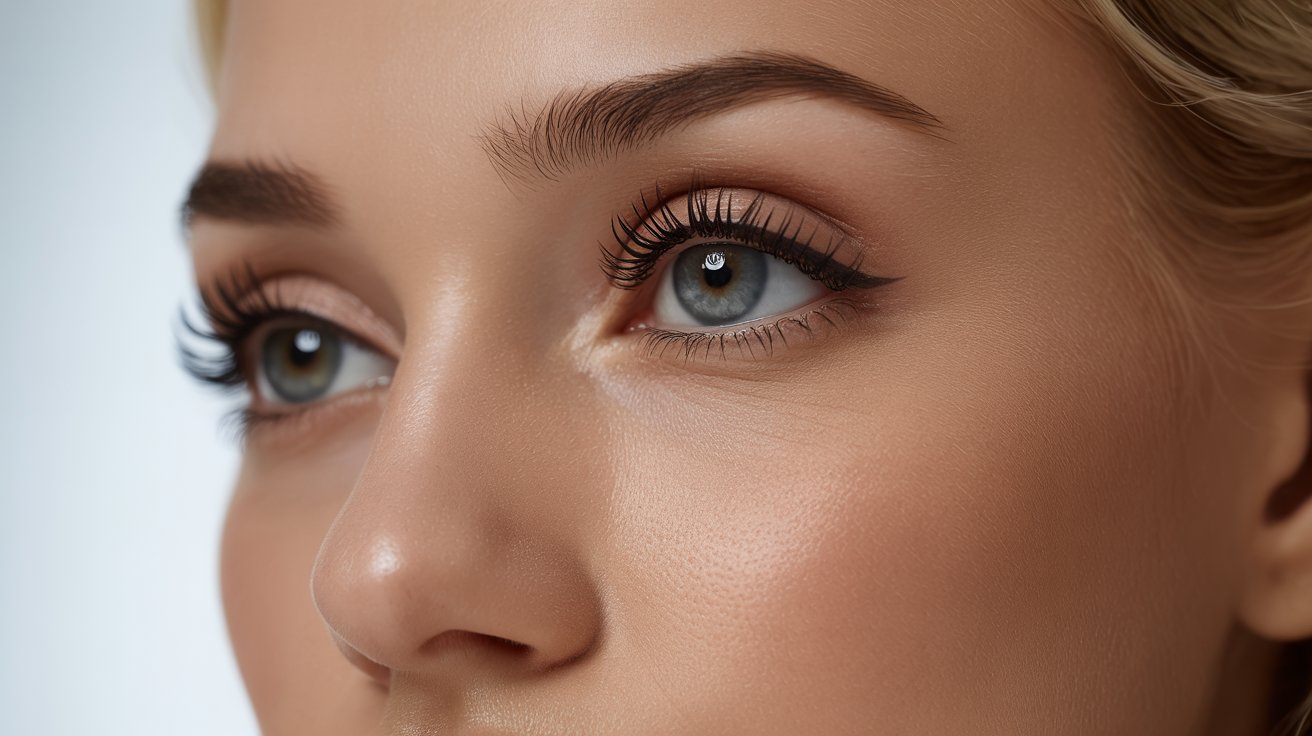 A woman with prominent long eyelashes and a vivid blue eye, presenting an enchanting and expressive look.