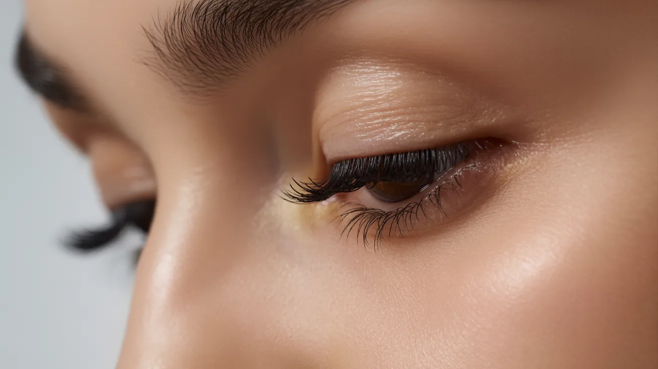 Close-up of a woman's eye showcasing long, elegant eyelashes against a soft, blurred background.