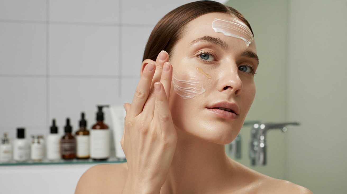 A woman gently applying cream to her face, focusing on skincare in a well-lit bathroom setting.