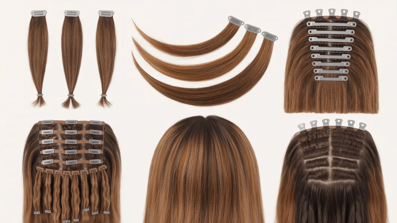 Set of hair extensions with clips, showcasing various lengths and colors for easy application and styling.