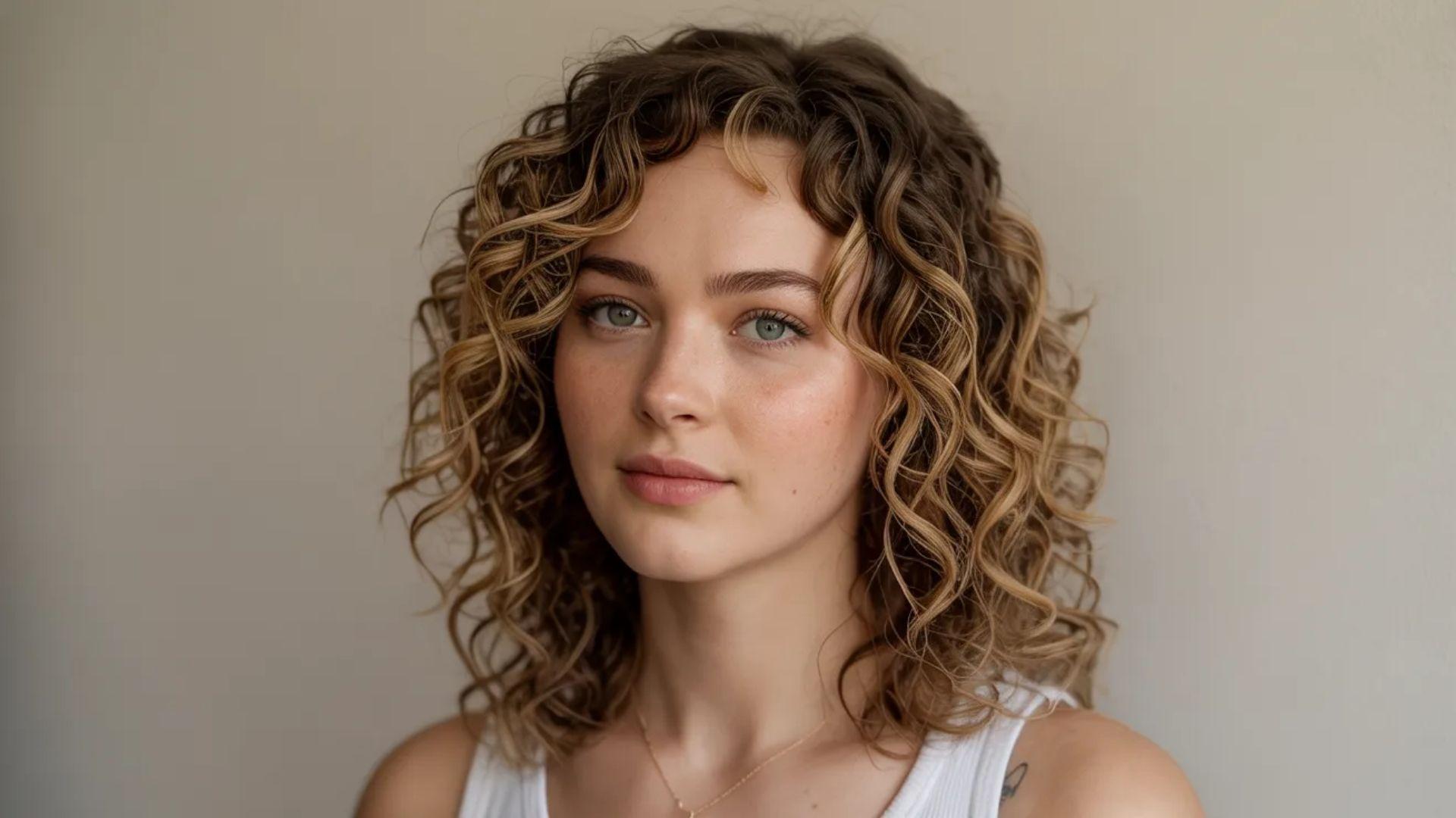 A woman with curly hair in a white tank top poses for the photo.