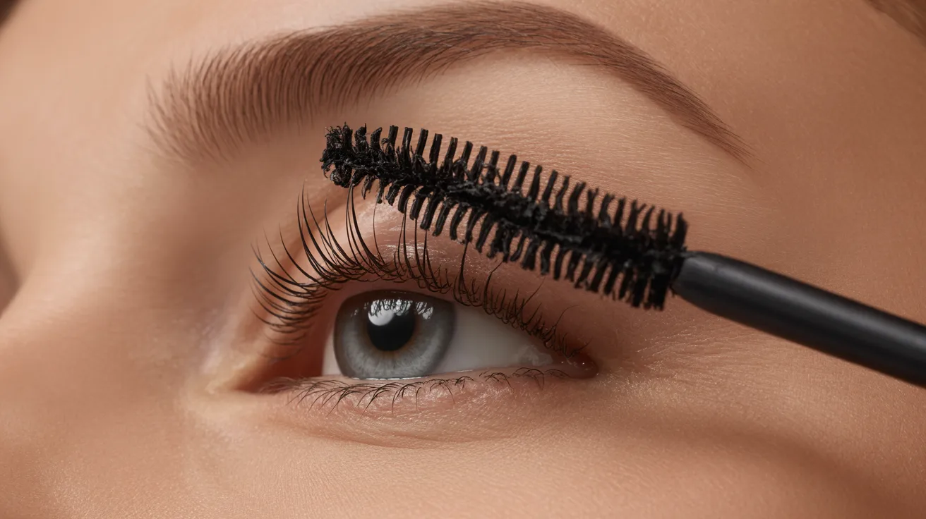 Close-up of a person applying black mascara to their upper eyelashes. The eye is open, showcasing long lashes and neatly shaped eyebrows. The tone is focused and precise.