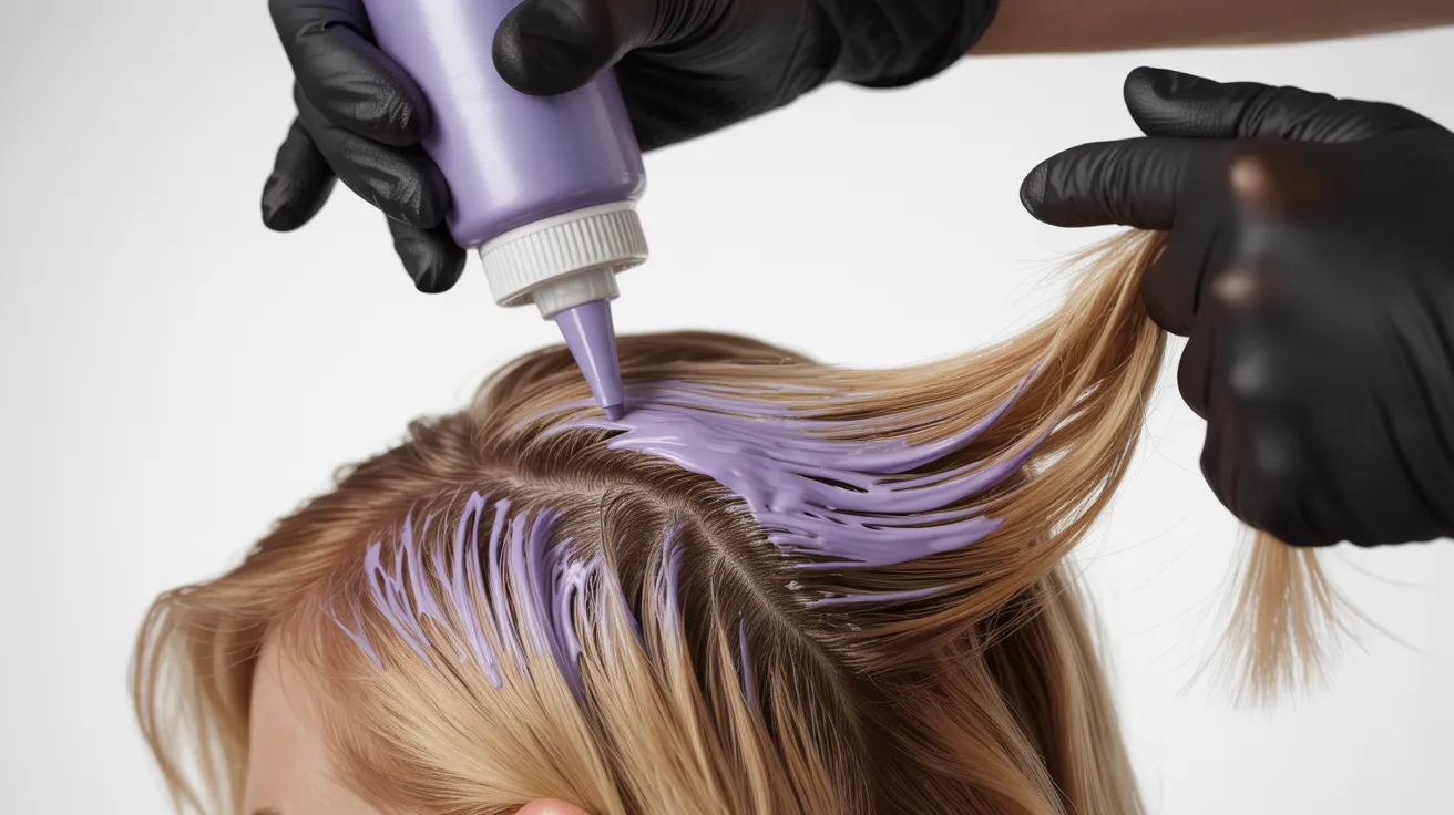 A woman is having her hair dyed purple, showcasing vibrant color transformation in a salon setting.e