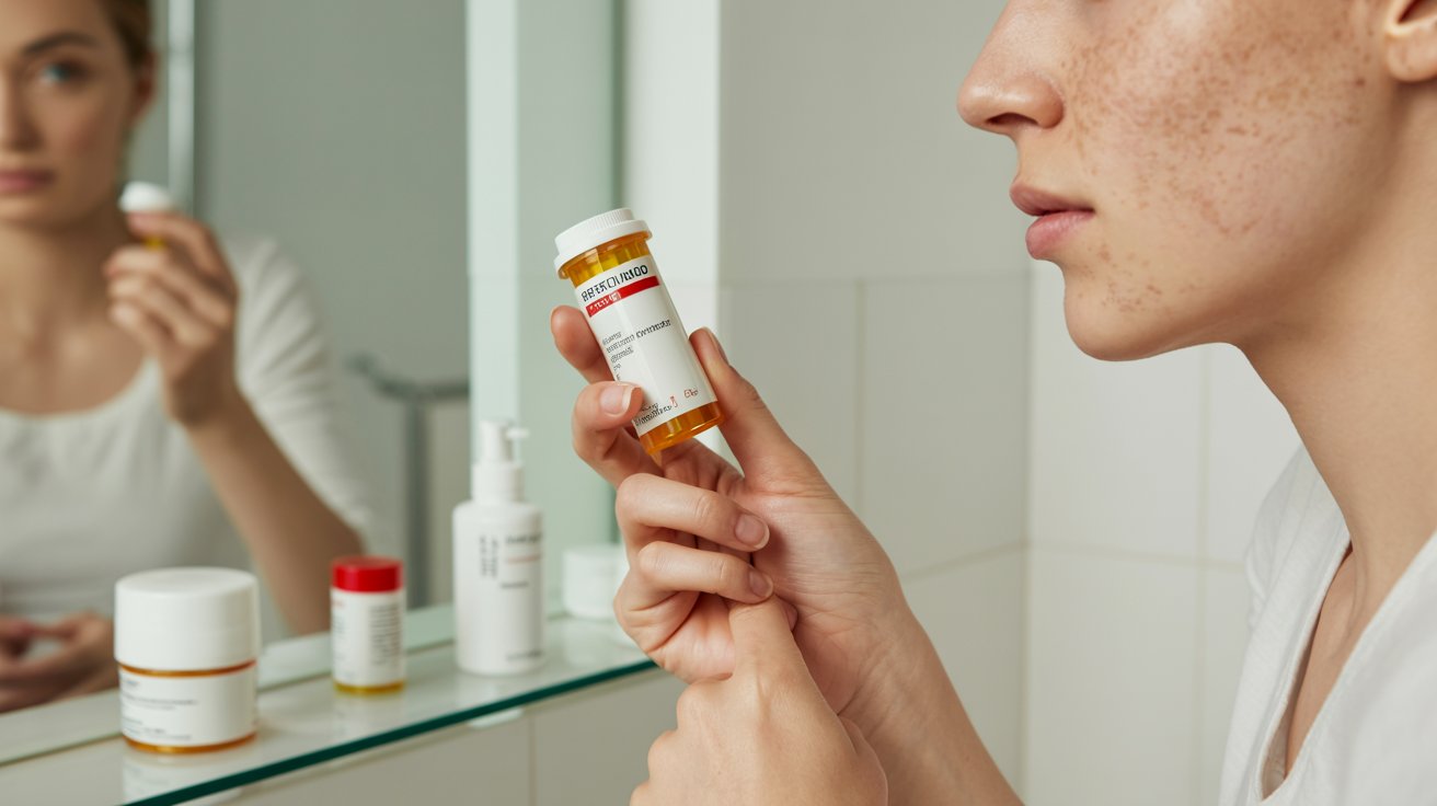 A woman examines her medicine bottle, focusing intently on the label and its contents.
