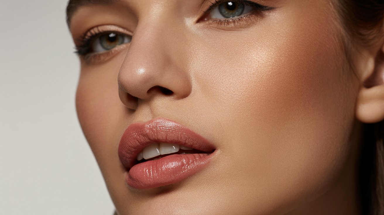 A woman with pink lips and light brown eyes, showcasing a subtle and elegant makeup look.