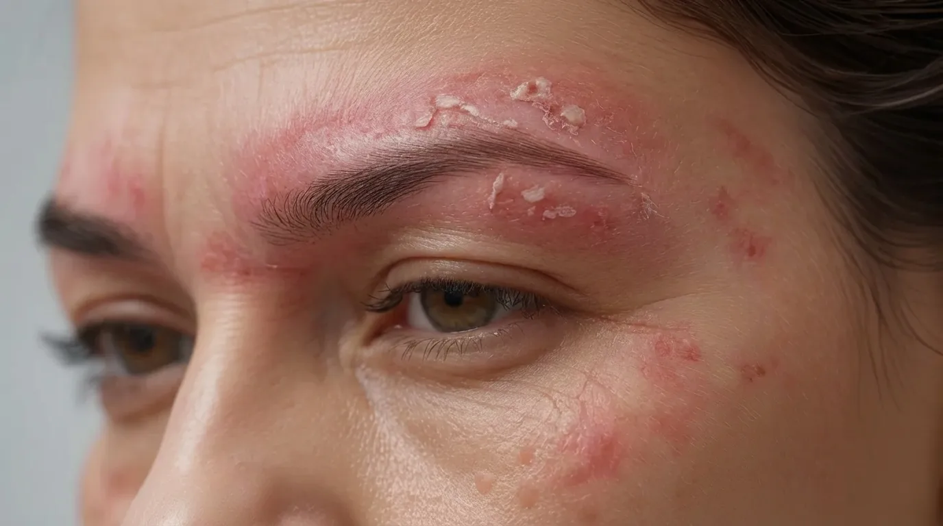 A woman with red spots on her forehead, looking directly at the camera with a neutral expression.