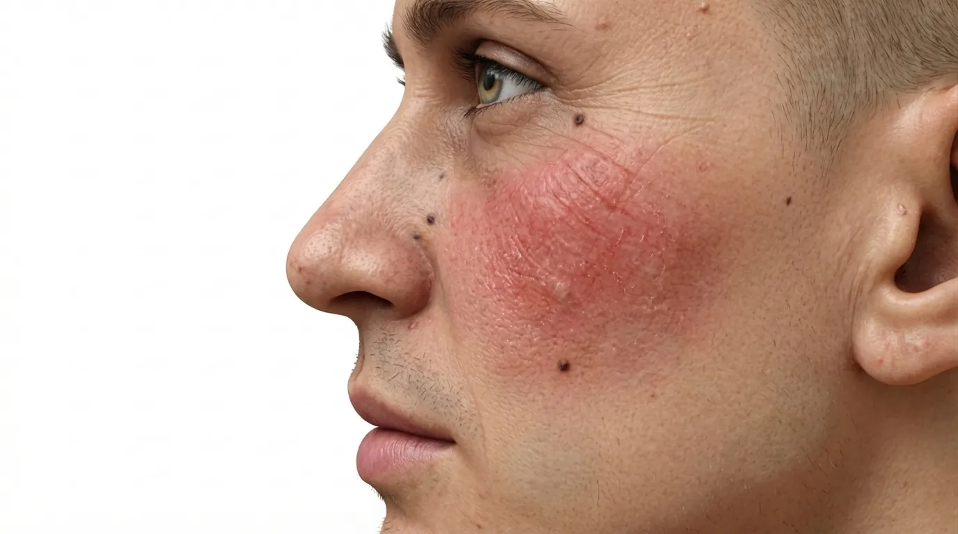 A man with red spots on his face, looking directly at the camera with a neutral expression.
m