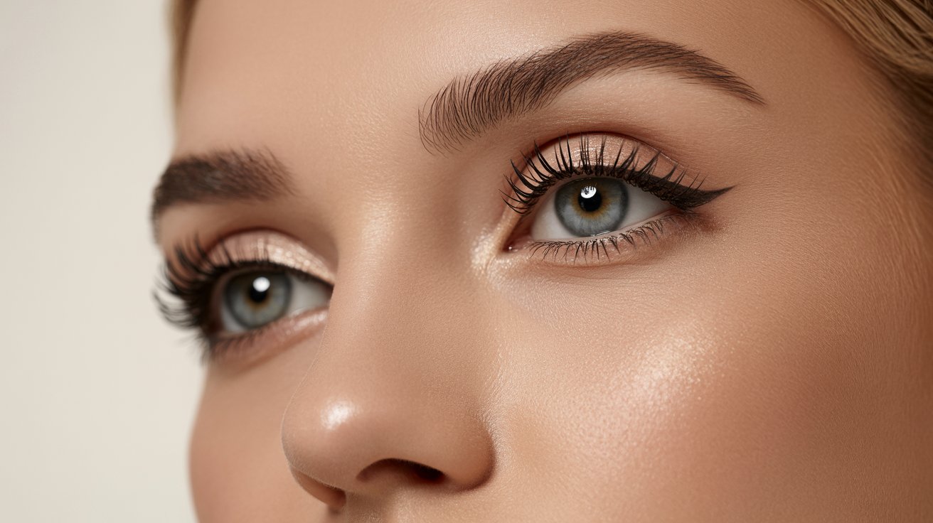 A woman features long eyelashes and a vivid light blue eye, highlighting her expressive gaze.