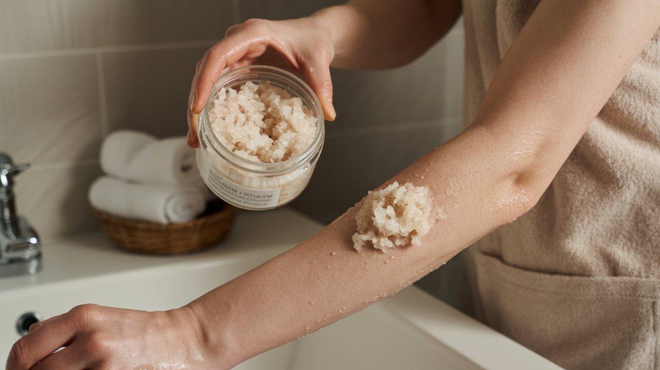 A woman washes her hands with soap from a jar, promoting hygiene and cleanliness in a bright, well-lit setting.