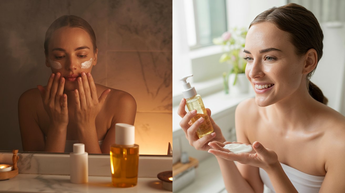 A woman gazes into a bathroom mirror, with a bottle of soap visible beside her.