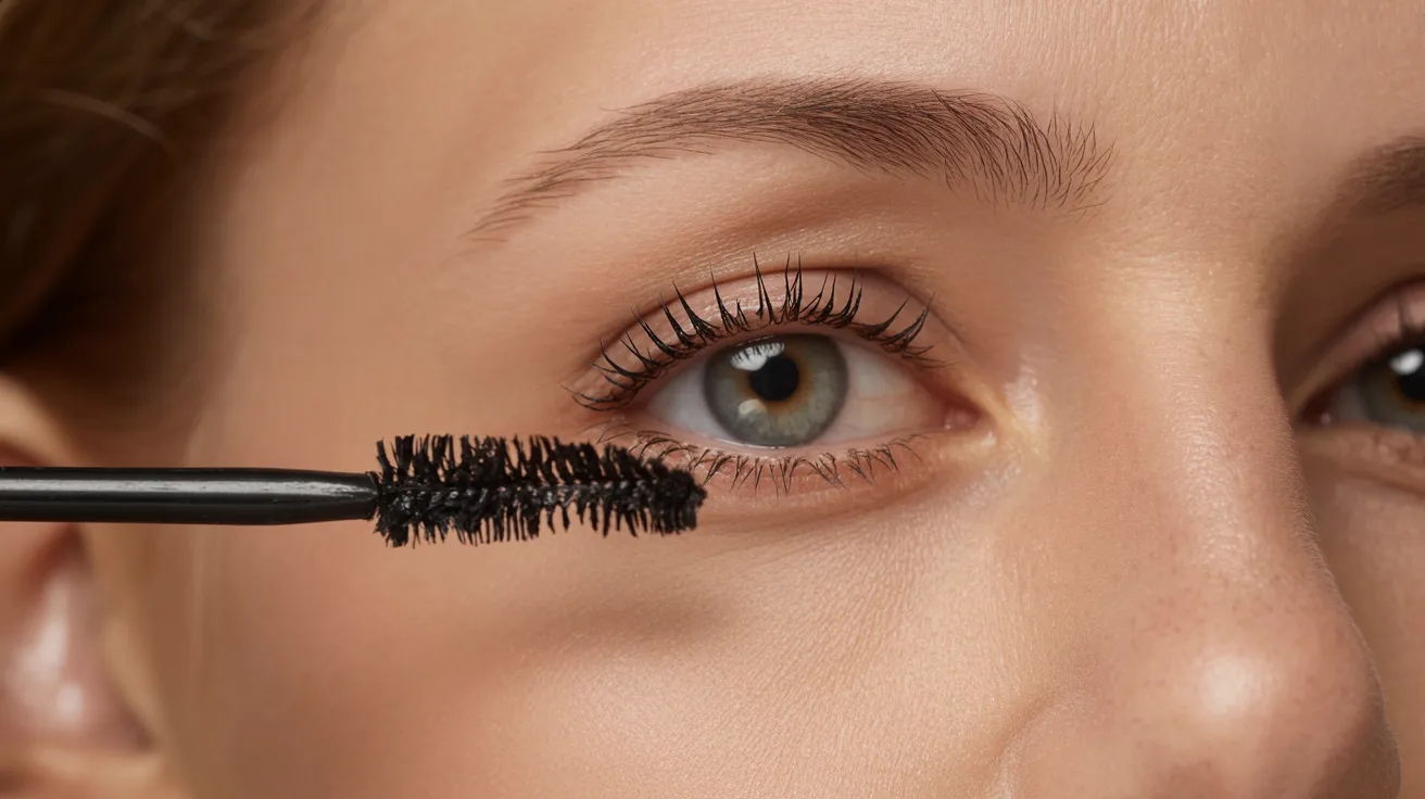 Close-up of a green eye with mascara being applied to eyelashes using a black applicator. The focus is on the eye, conveying a sense of precision.