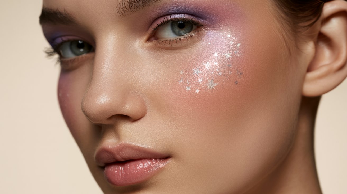 A woman with star-shaped makeup adorning her face, showcasing a creative and artistic beauty look.
