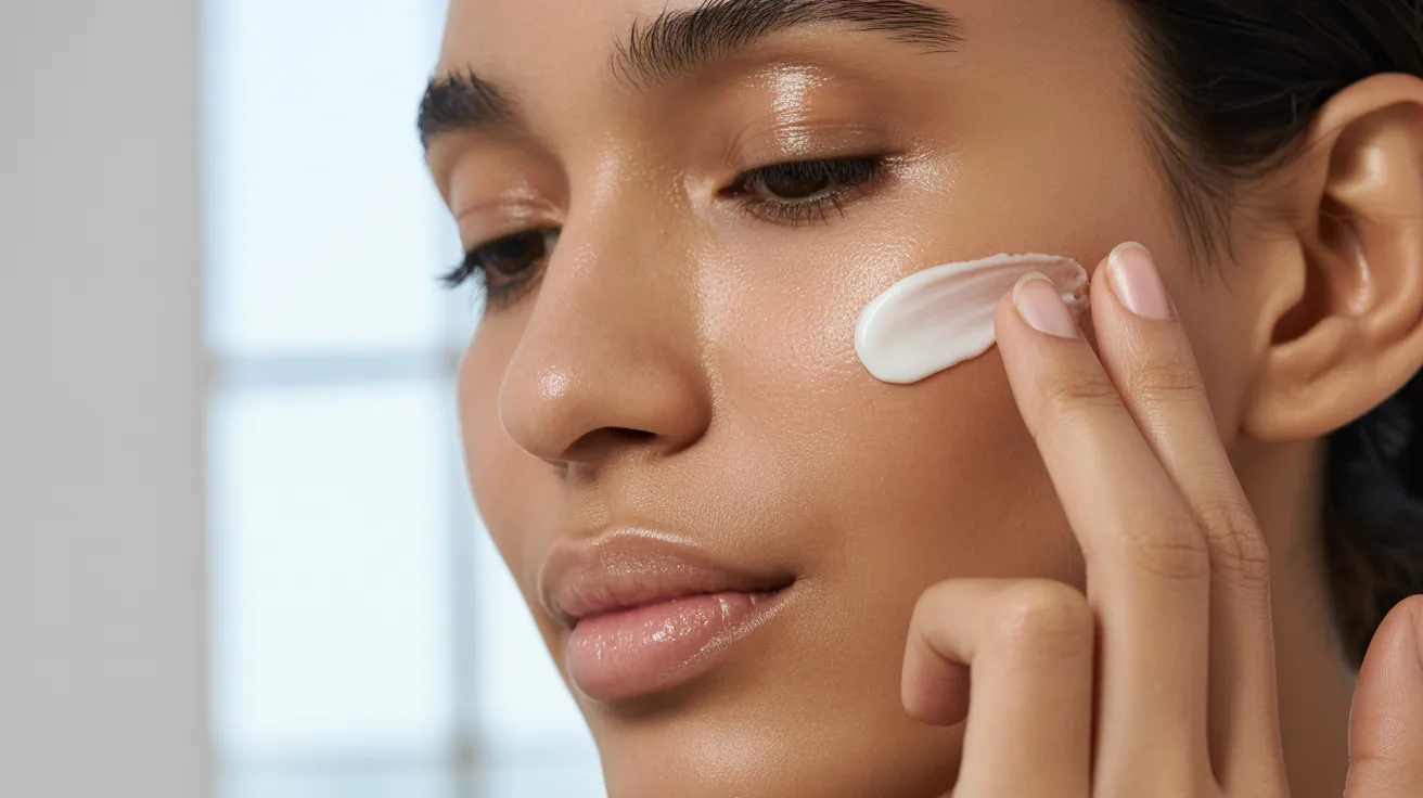 A woman applying a dollop of white moisturizer to her cheek. Her expression is serene, highlighting a skincare routine in a softly lit room.