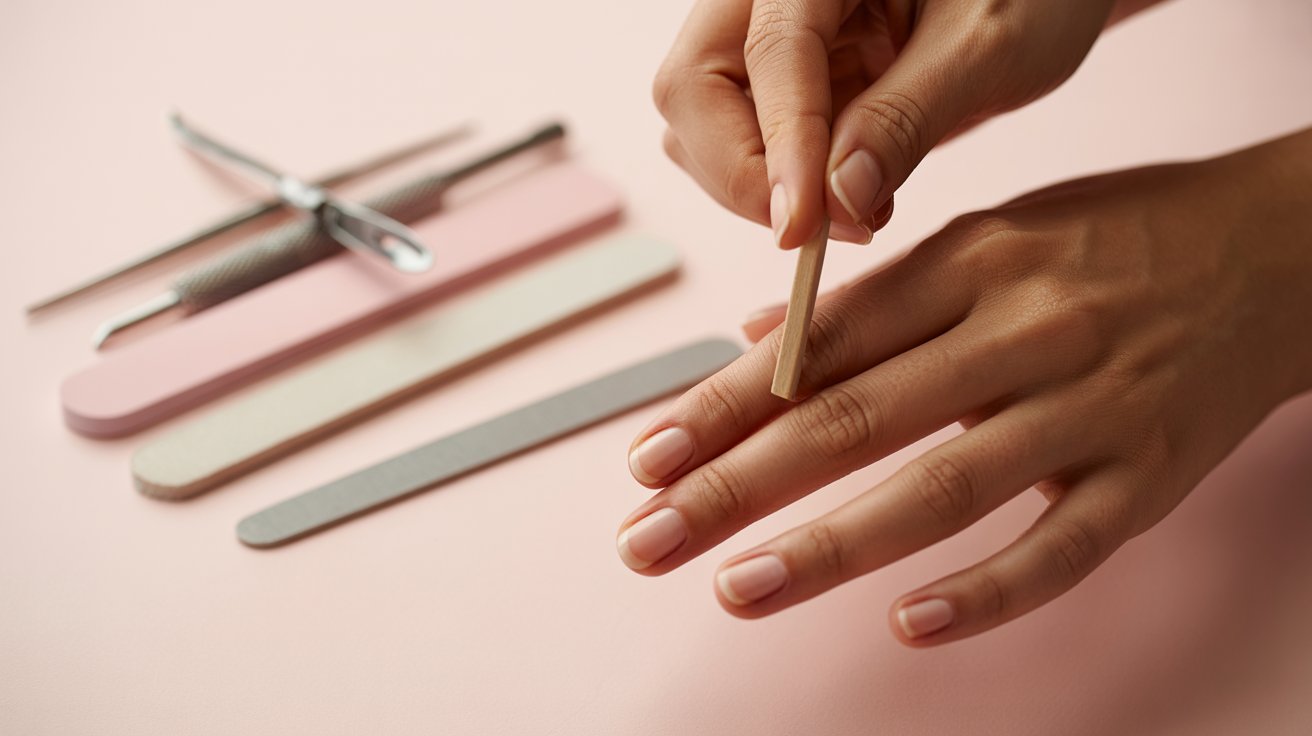 A person carefully using a nail file on a pastel pink surface