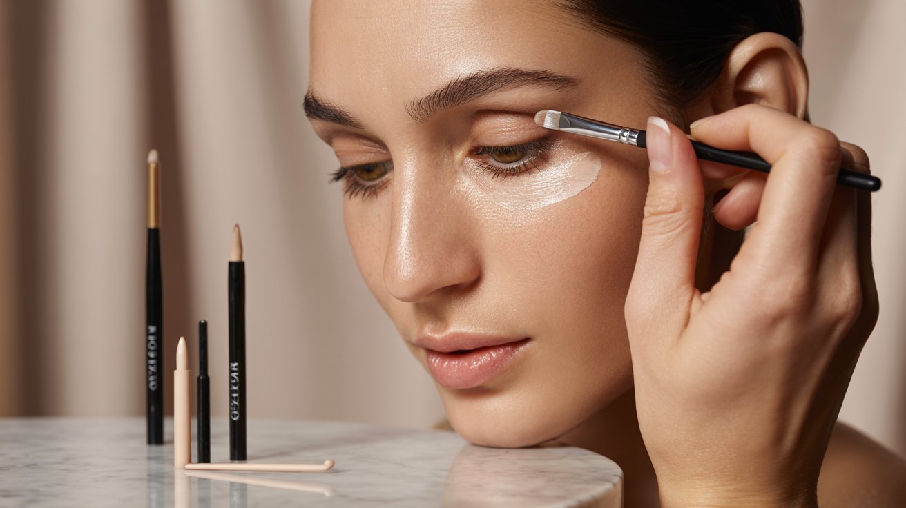 A woman applies eye makeup with a brush, focusing intently on her reflection in a mirror.