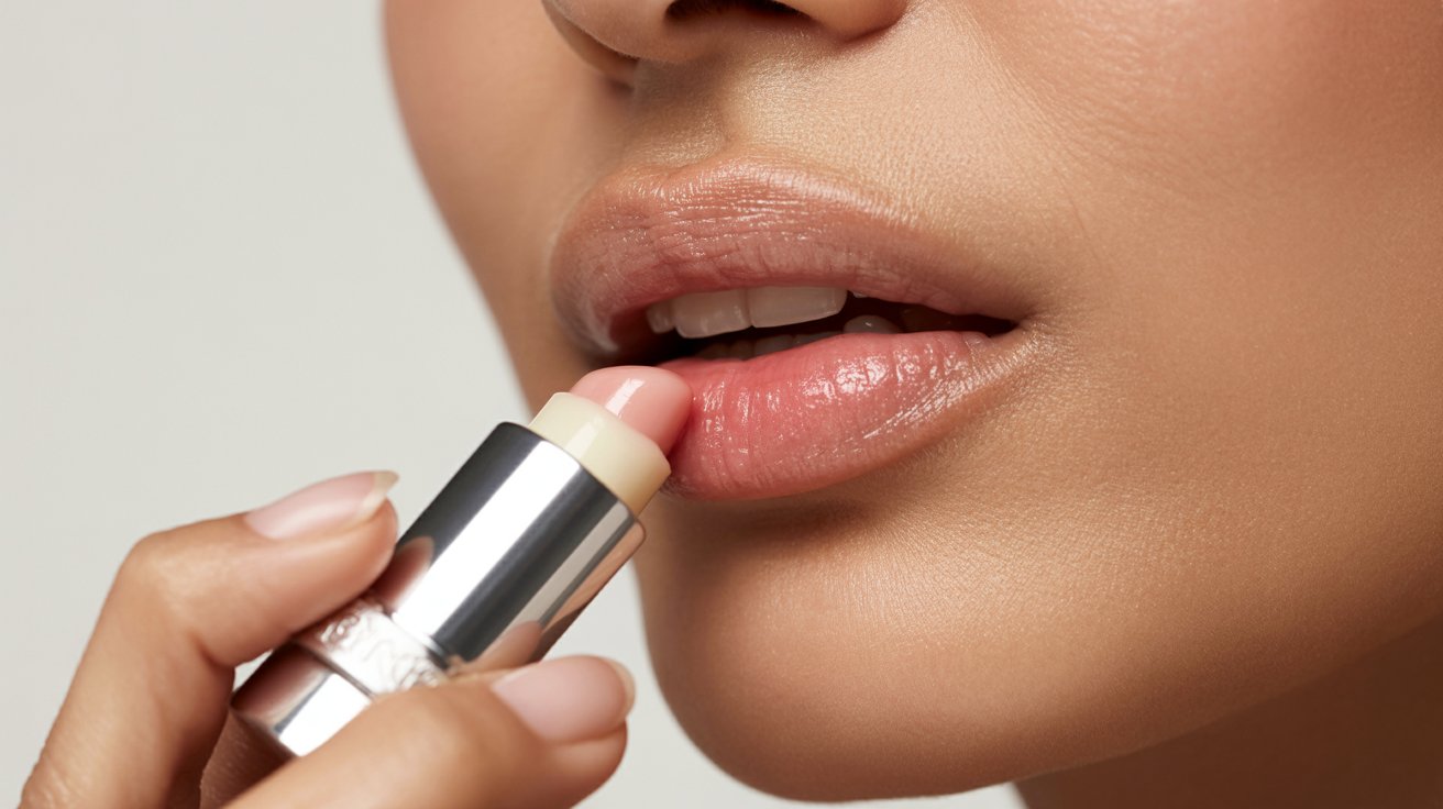 . A woman applies lip gloss to her lips, enhancing her smile with a glossy finish.