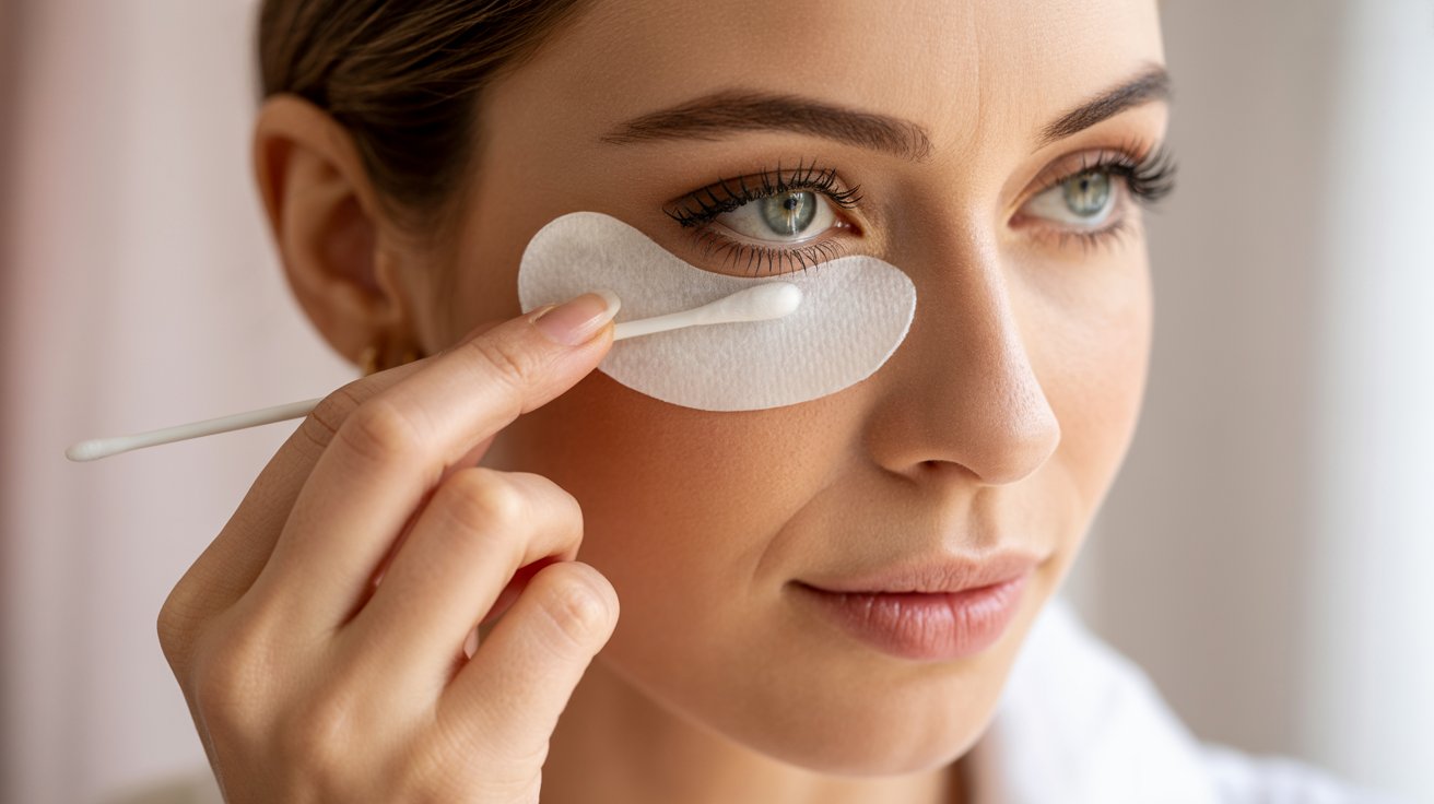 A woman applies eye patches under her eyes, focusing on skincare and relaxation.