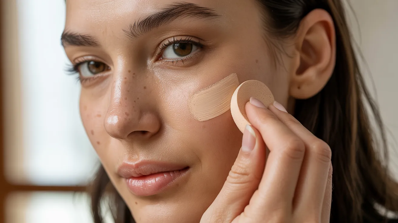 Young woman applying foundation with a makeup sponge on her cheek. She has a calm expression, focusing on blending the makeup smoothly.