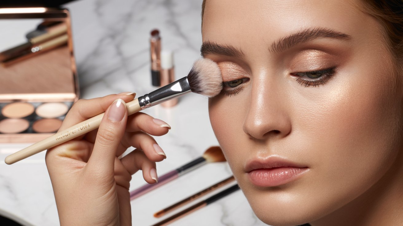 A woman applies makeup to her face using a brush, focusing intently on her reflection in a mirror.