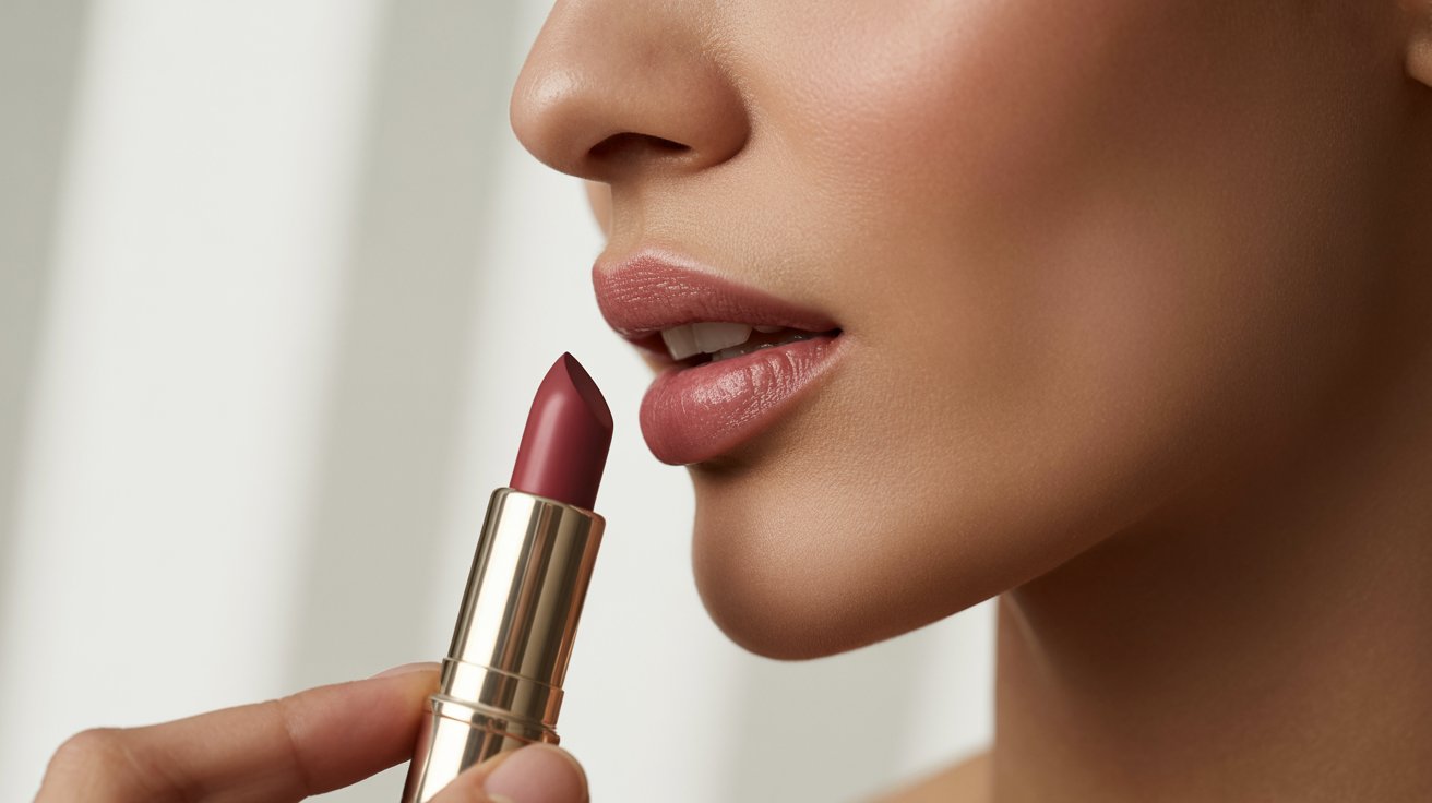 A woman is applying lipstick to her lips, holding the lipstick tube in her other hand.
