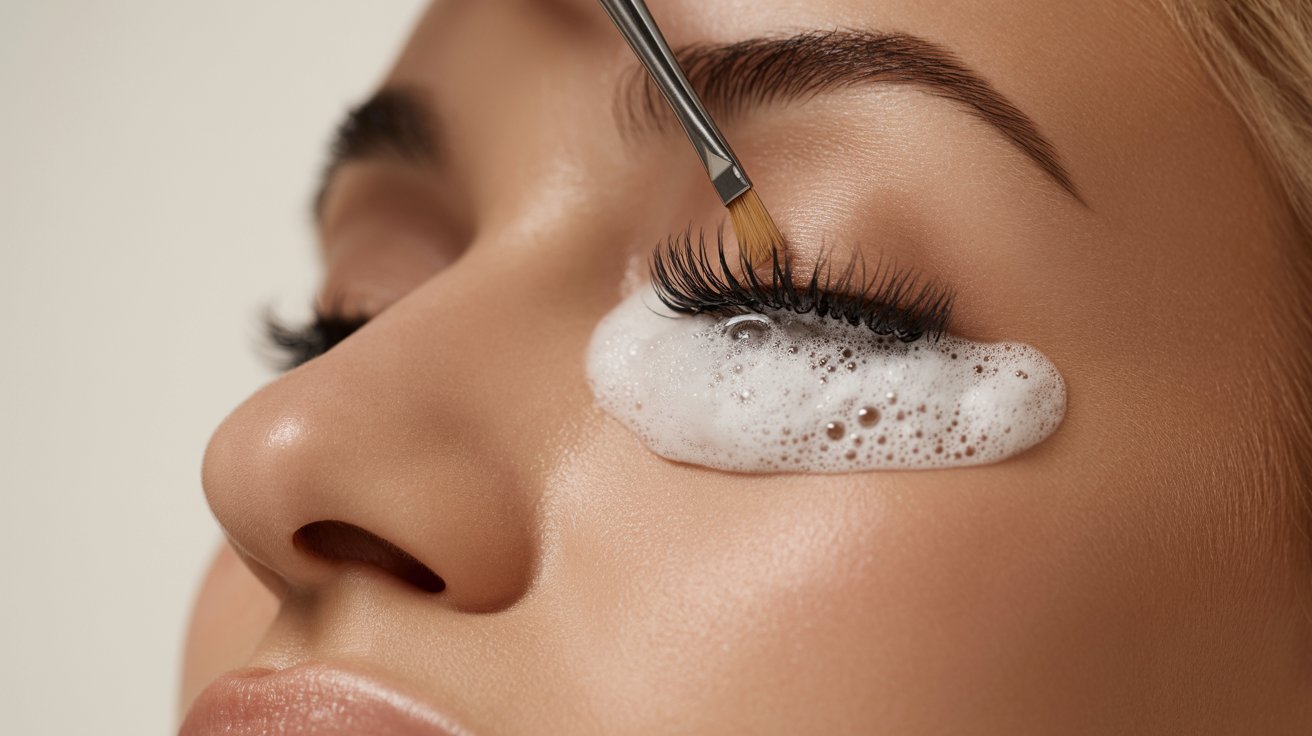 A close-up of a woman using a mascara brush on her eyelashes, highlighting her eye makeup.