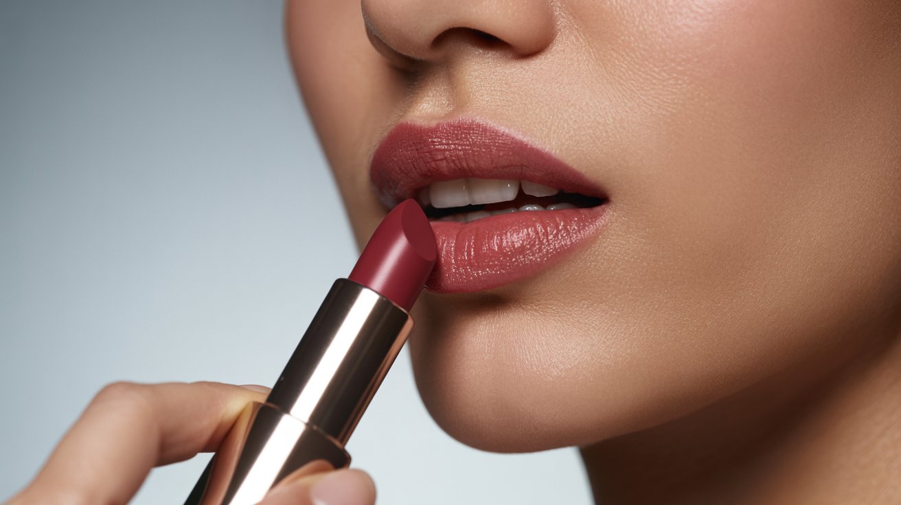 A woman is carefully applying lipstick to her lips, showcasing her beauty routine.