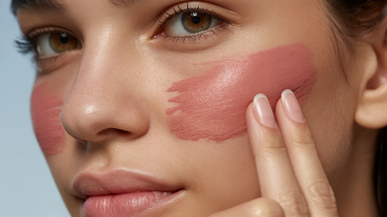 Close-up of a person applying pink blush to their cheek with fingers. Their skin appears smooth and the mood is calm and focused, highlighting makeup application.