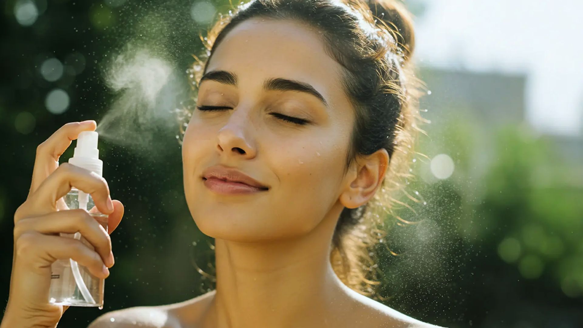 A woman refreshes her face by blowing a mist of water, creating a soothing and revitalizing effect.