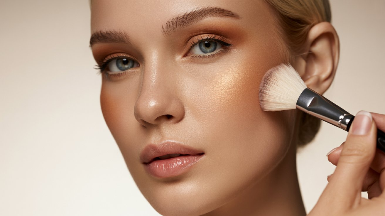 A woman applying makeup to her face with a brush, showcasing her beauty routine and artistic expression.