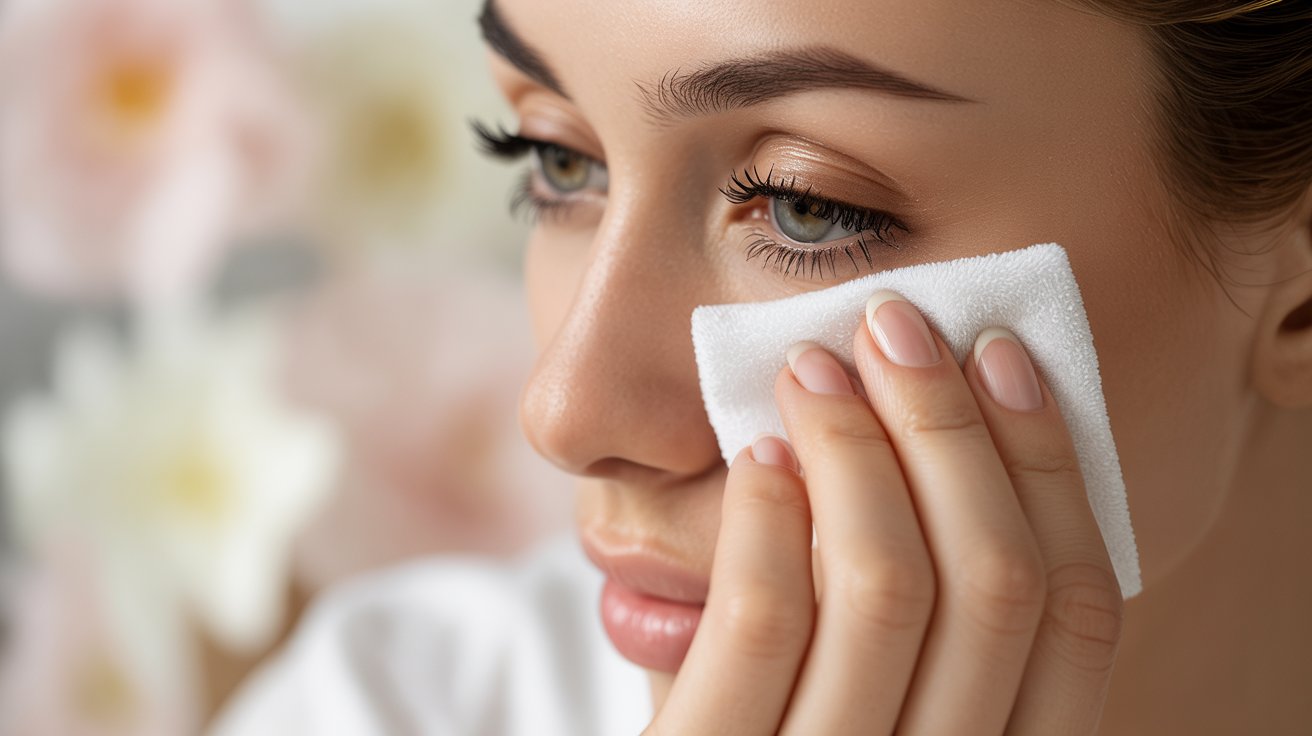 A woman is gently wiping her face with a cloth, appearing refreshed and focused.