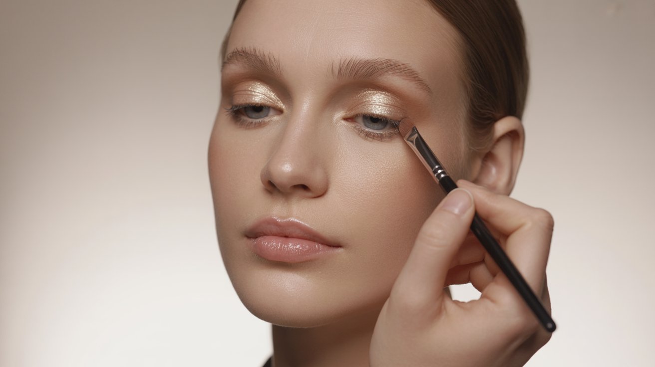 A woman applies makeup to her face using a brush, focusing intently on her reflection in a mirror.