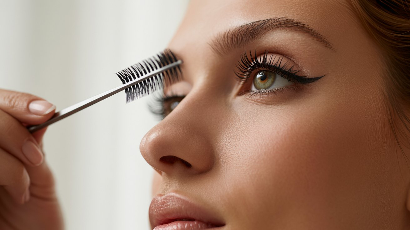 A woman carefully brushes her eyelashes with a makeup brush, enhancing her eye makeup.