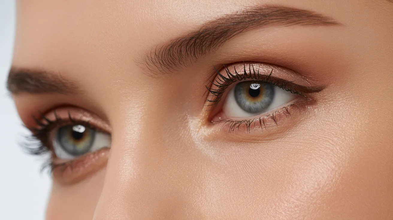 Close-up image of a person's eyes with blue irises, well-defined eyebrows, and eyelids adorned with subtle pink eyeshadow, conveying a serene expression.