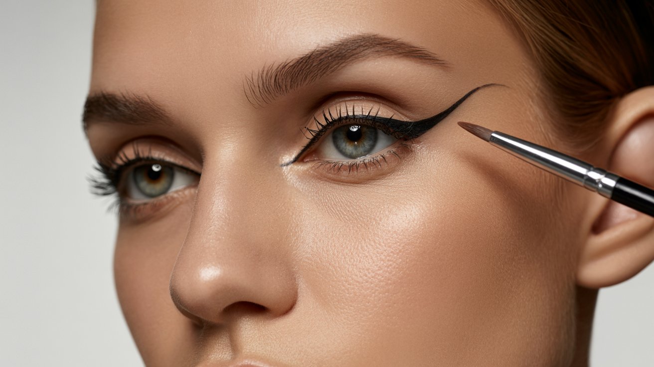 A woman applying black eyeliner with a brush, showcasing her makeup technique and focus on beauty.