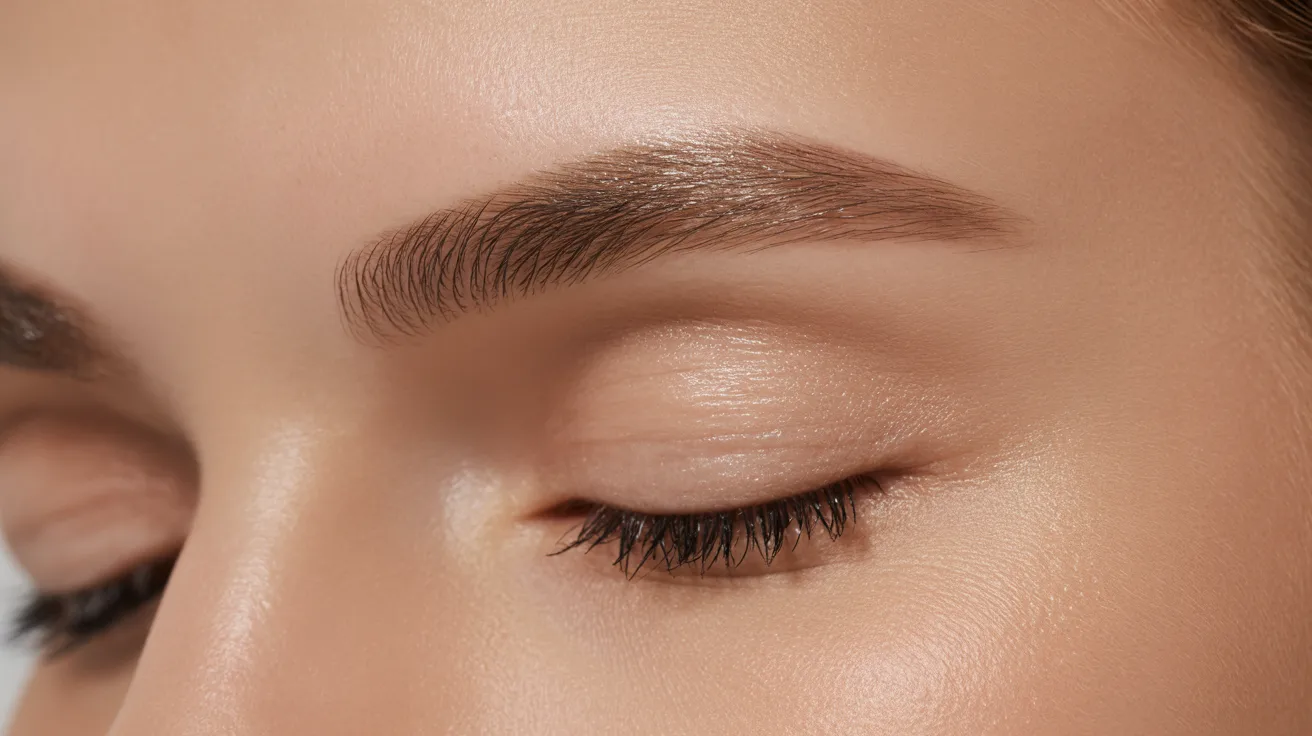 A close-up of a woman's eye showcasing long, elegant eyelashes against a soft background.