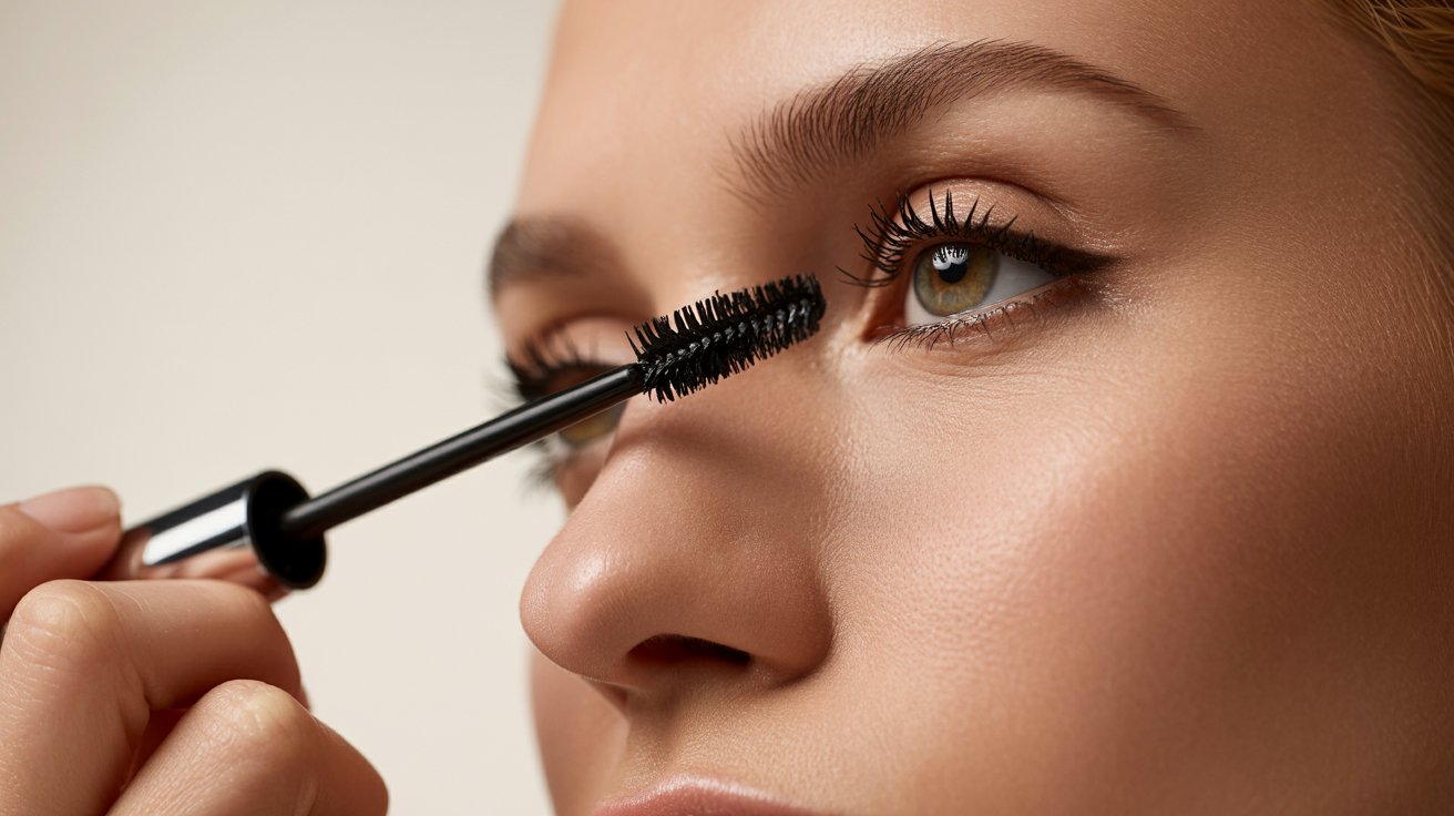 A woman applies mascara to her eyelashes, enhancing her eye makeup in a well-lit bathroom setting.