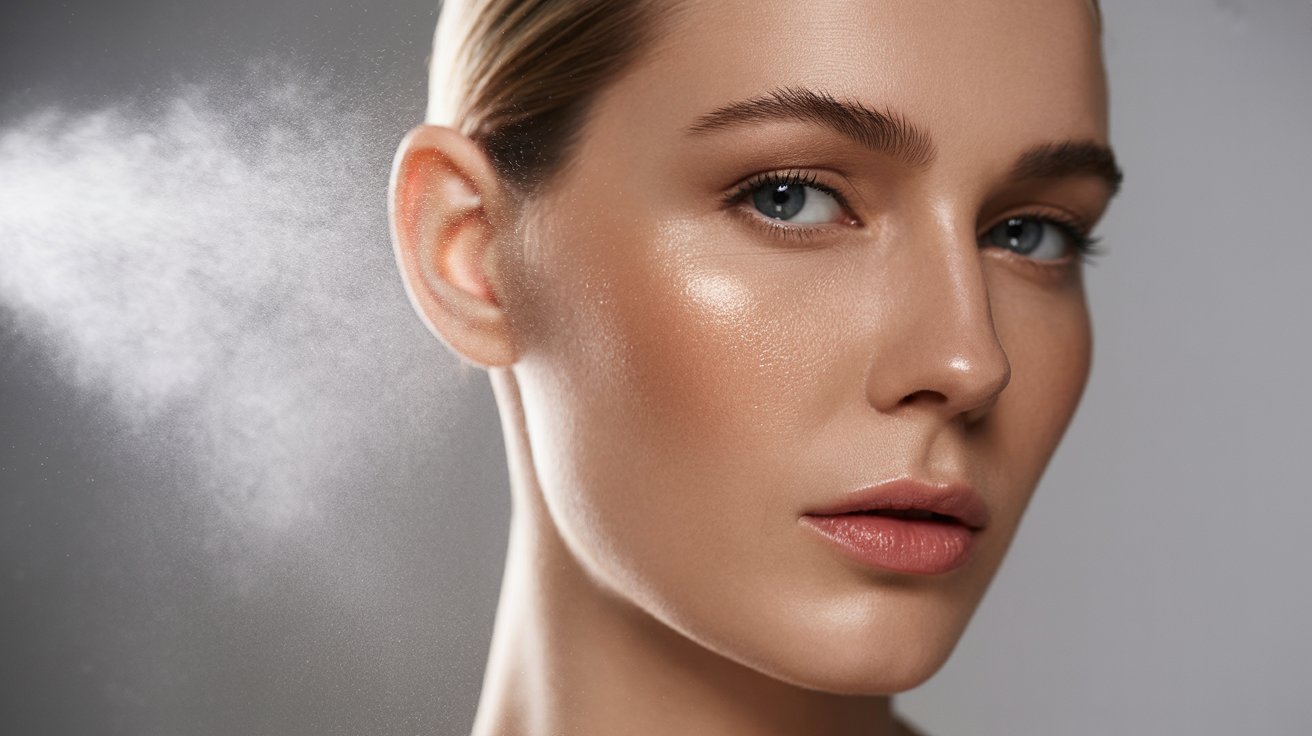 A woman with a white powder on her face, suggesting makeup application or a beauty treatment.