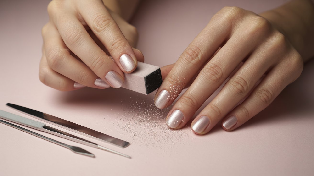 Close-up of a woman's hands gripping a nail polish remover bottle, highlighting her polished nails against a simple backdrop.